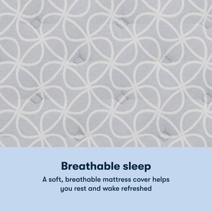 Serta Classic Clarks Hill Plush mattress with a chart underneath the image stating Breathable sleep. A soft, breathable mattress cover helps you rest and wake refreshed.