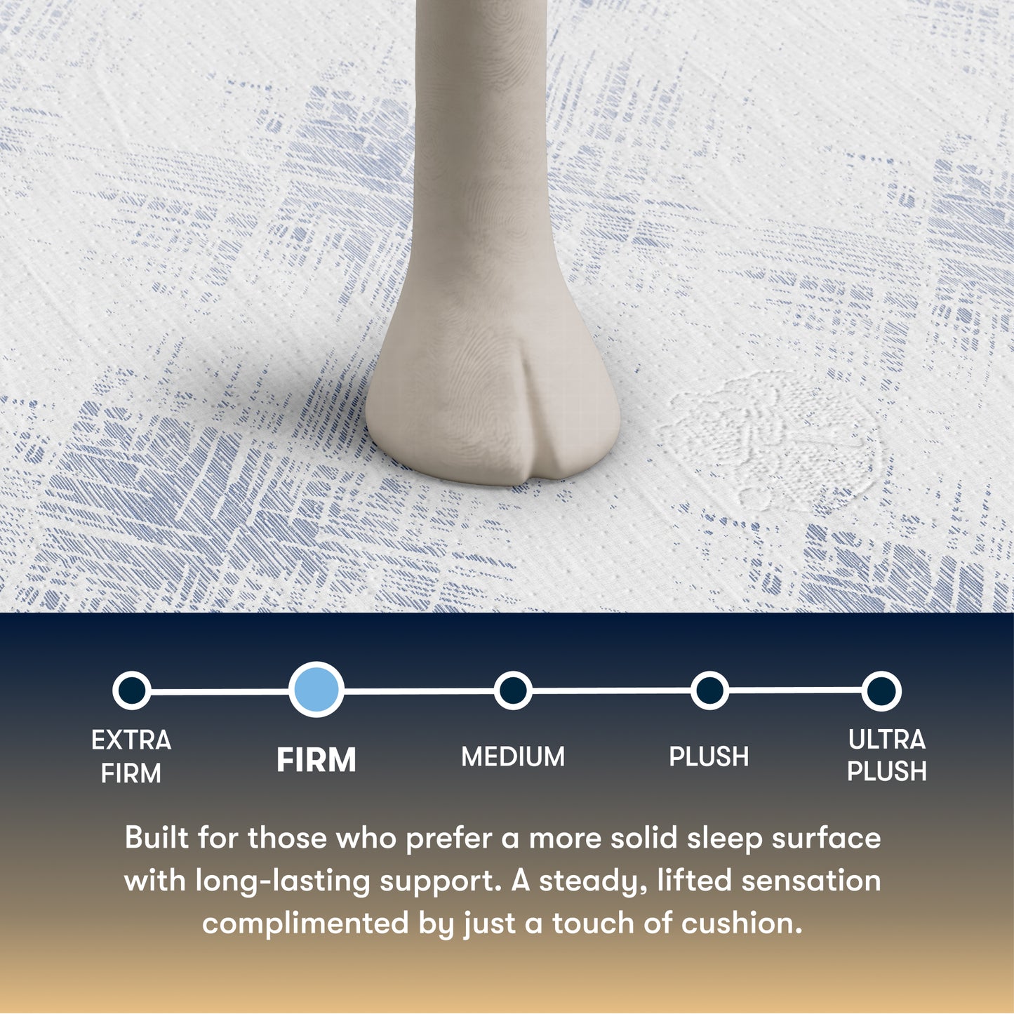Foot on a Serta Perfect Sleeper Hybrid Firm mattress with a scale indicating firmness level and text describing the mattress's features.