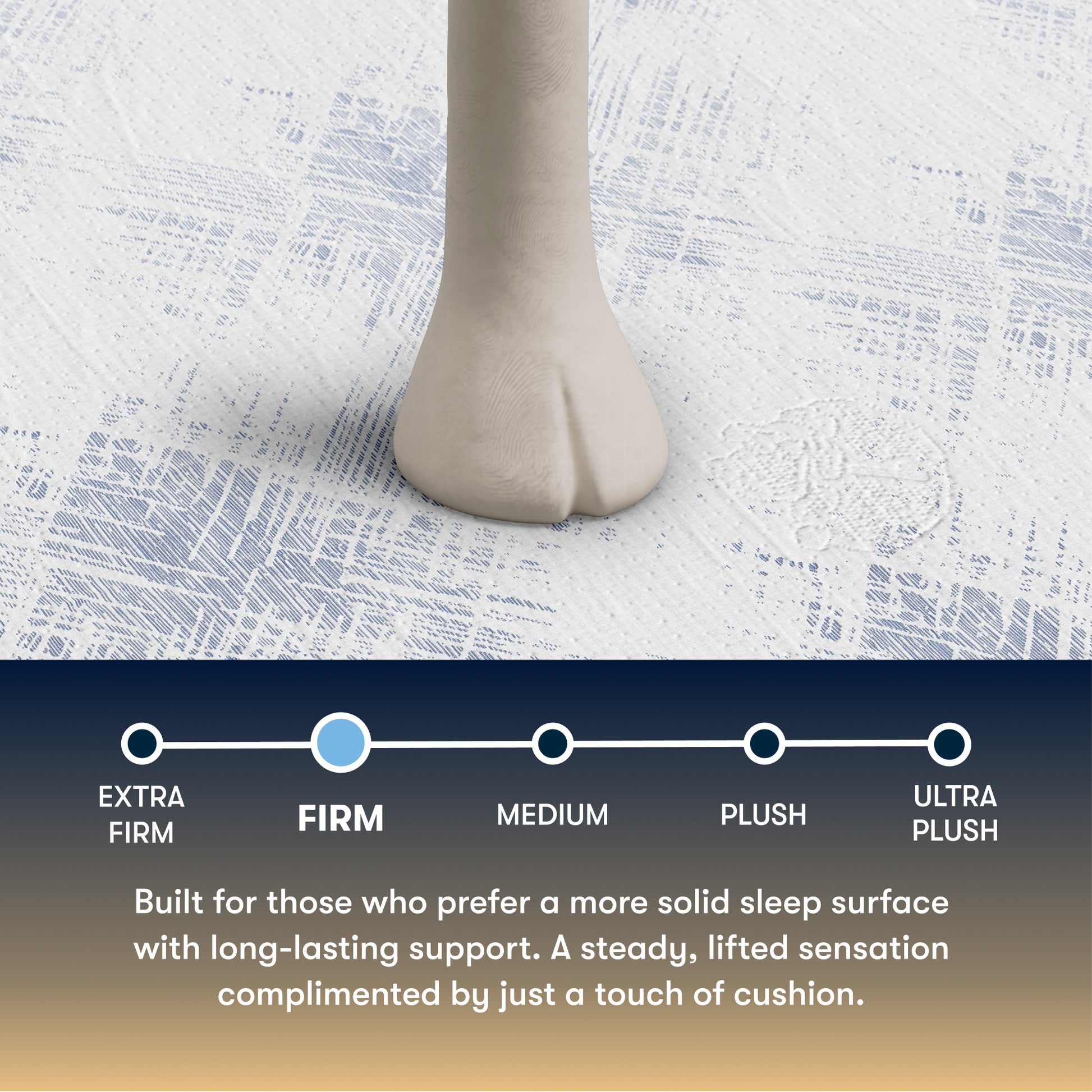 Foot on a Serta Perfect Sleeper Hybrid Firm mattress with a scale indicating firmness level and text describing the mattress's features.