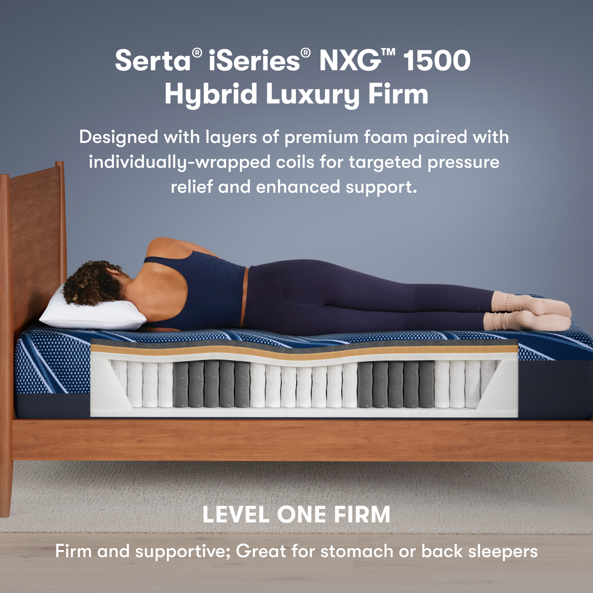 Serta iSeries NXG 1500 Hybrid Luxury Firm mattress with a person lying on it, showing its layers.