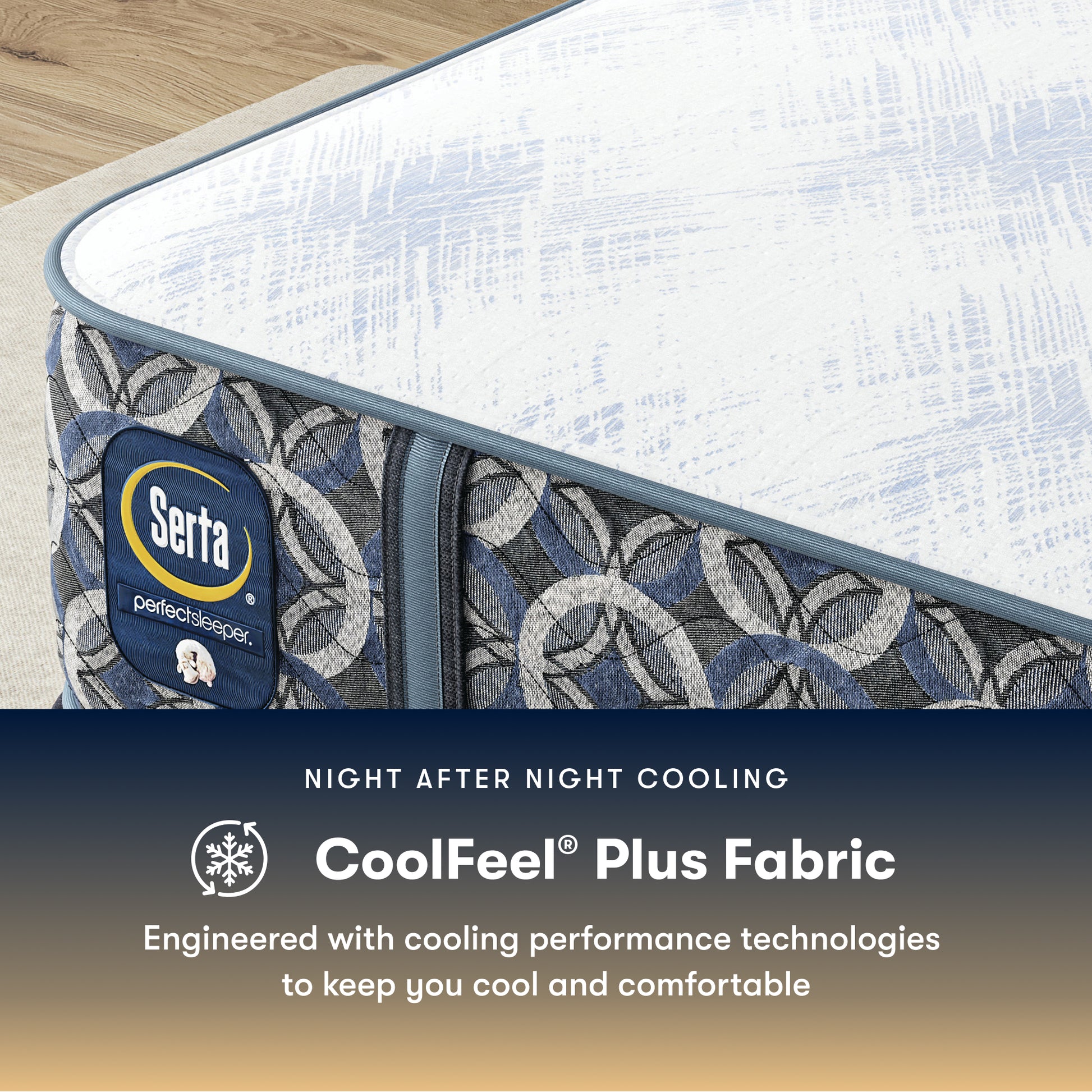 Serta Perfect Sleeper Hybrid Firm  mattress with CoolFeel Plus Fabric feature on a wooden floor.