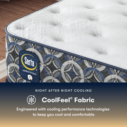 Serta Perfect Sleeper plush mattress with CoolFeel fabric label on a wooden floor.
