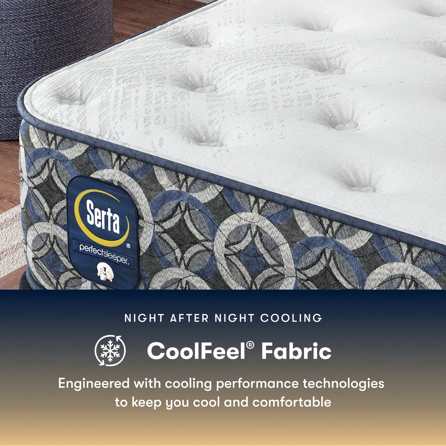 Serta Perfect Sleeper medium mattress with CoolFeel fabric label on a wooden floor.