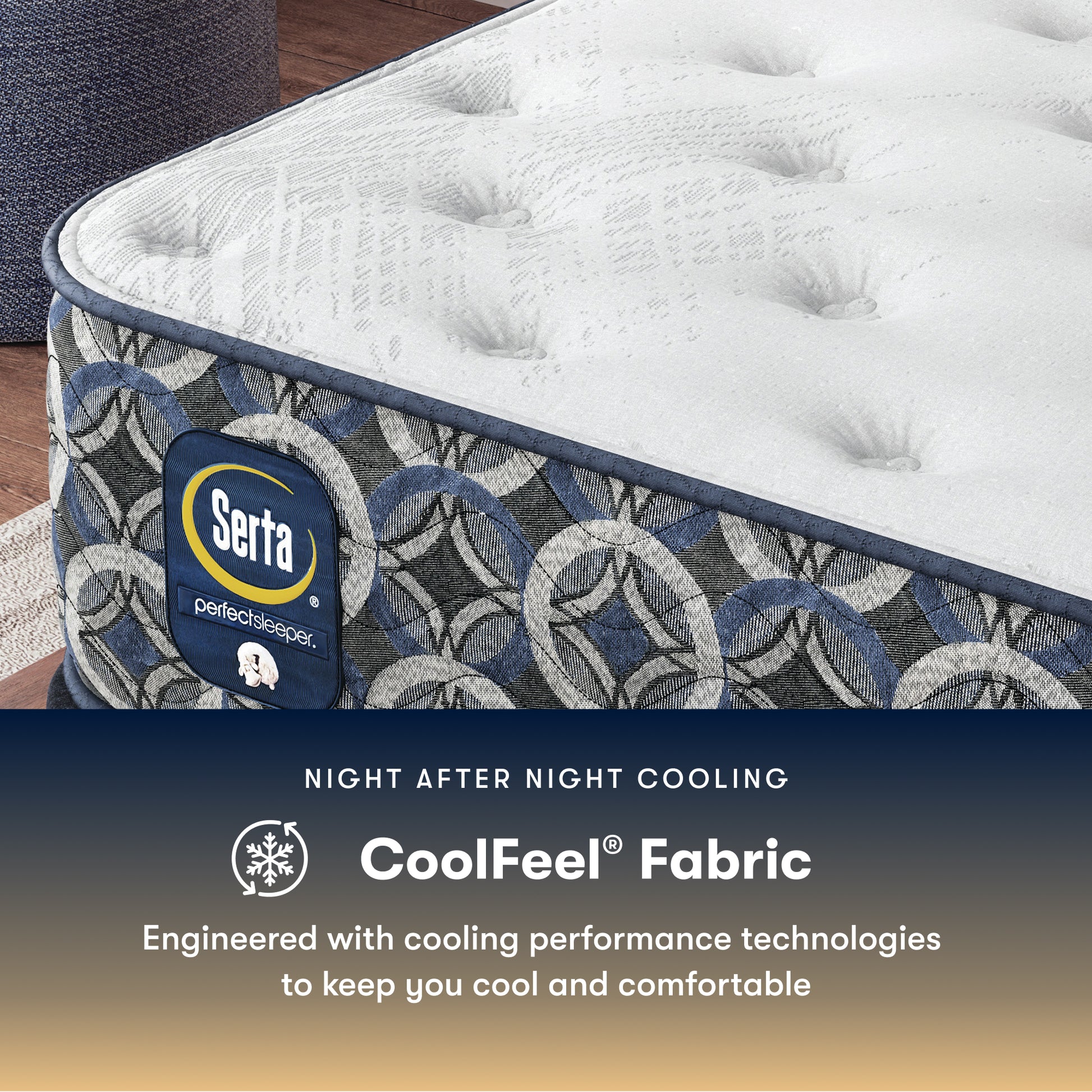 Serta Perfect Sleeper medium mattress with CoolFeel fabric label on a wooden floor.