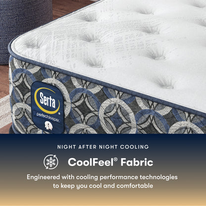 Serta Perfect Sleeper medium mattress with CoolFeel fabric label on a wooden floor.