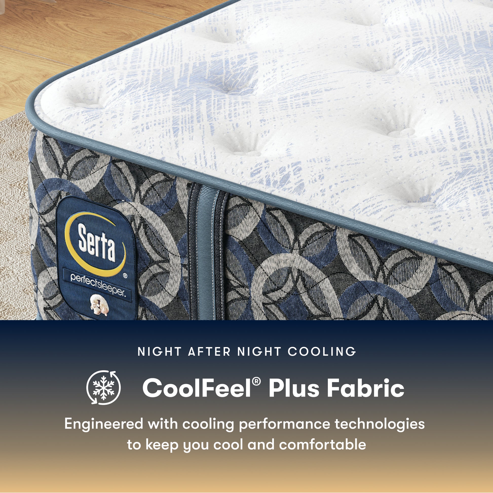 Serta perfect sleeper medium mattress with CoolFeel Plus Fabric feature on a wooden floor.