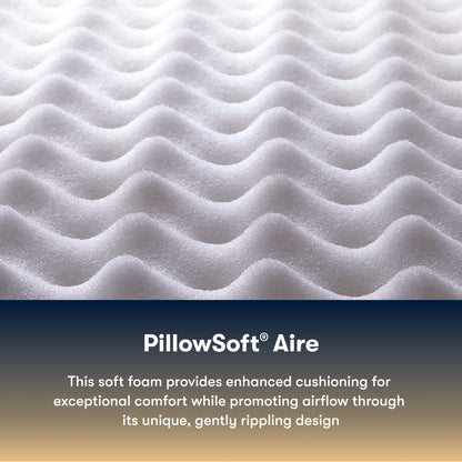Close-up of Serta perfect sleeper plush mattress PillowSoft Aire foam with text describing its features.