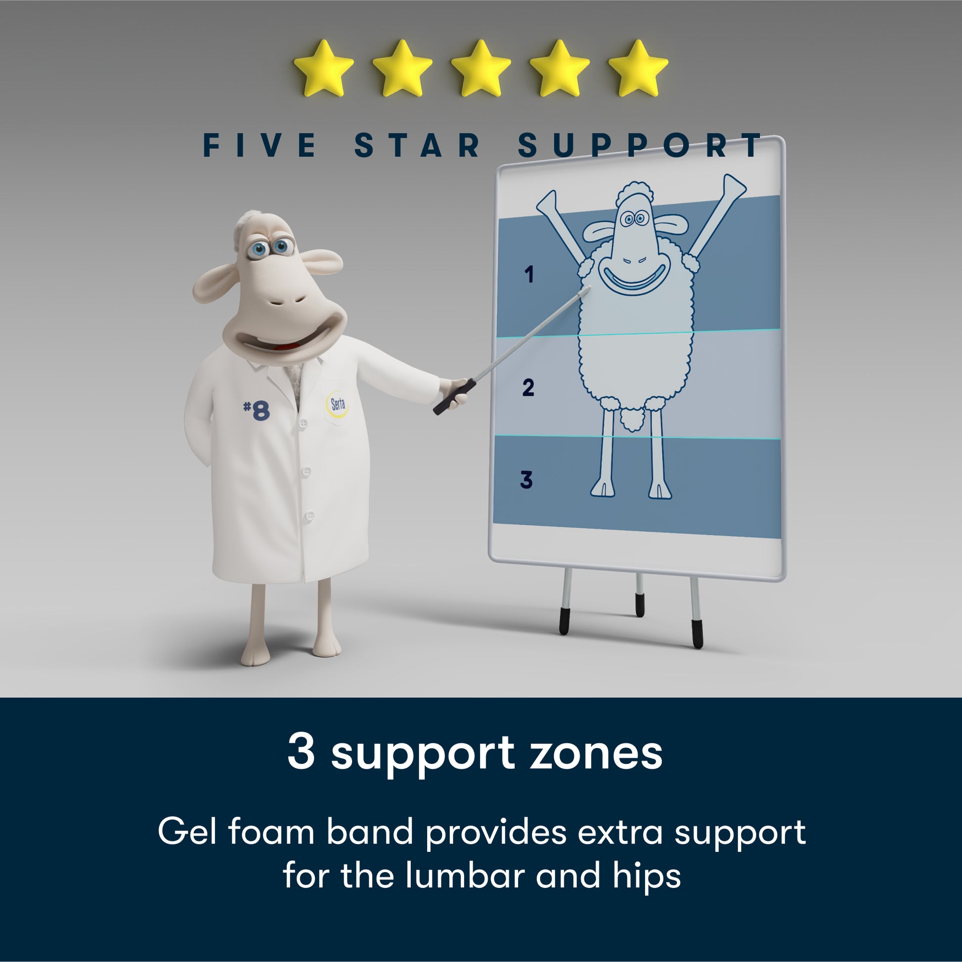 Diagram showing 3 support zones.  Gel foam band provides extra support for the lumbar and hips