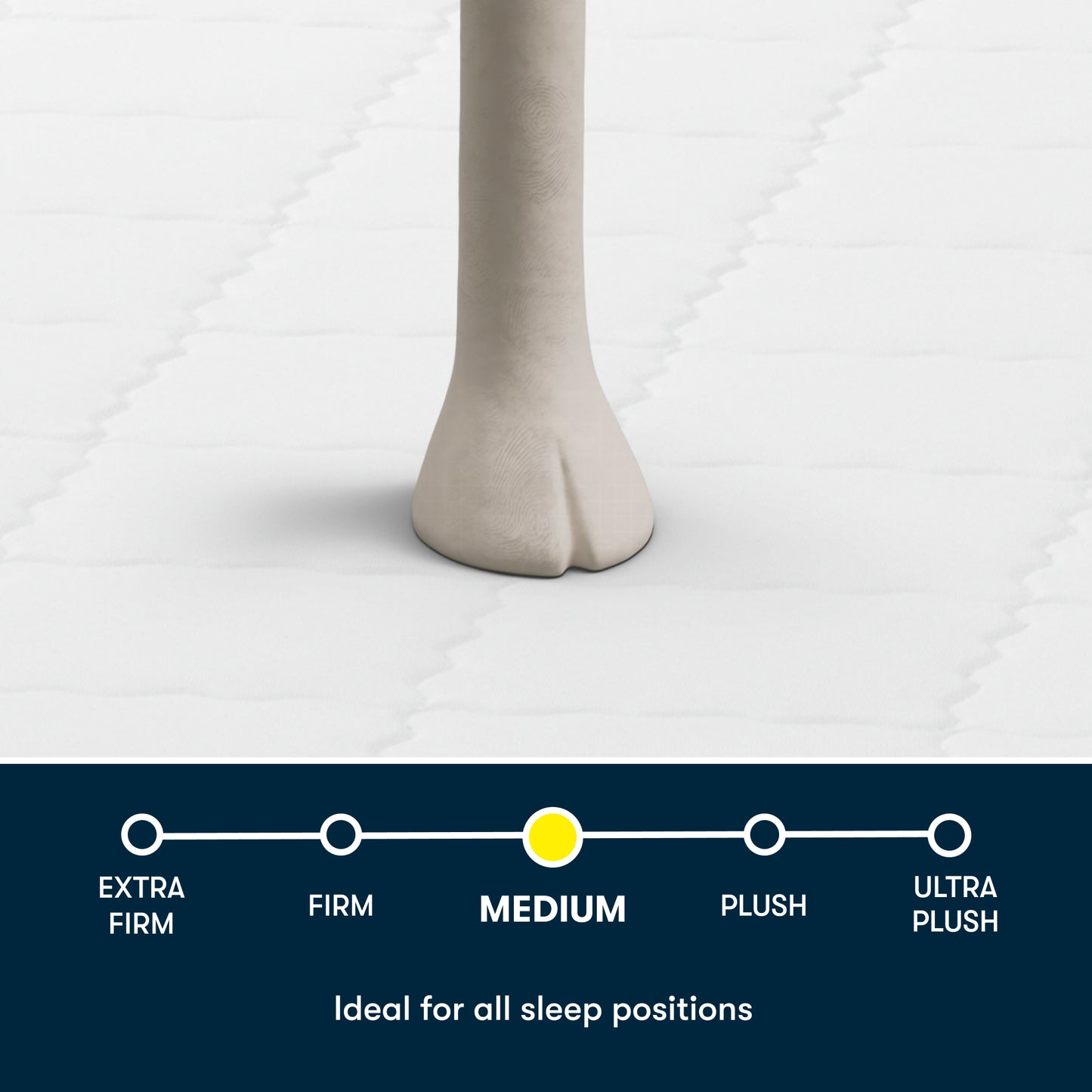 Image of a Serta sheep foot stepping on a Serta mattress showing the medium size.