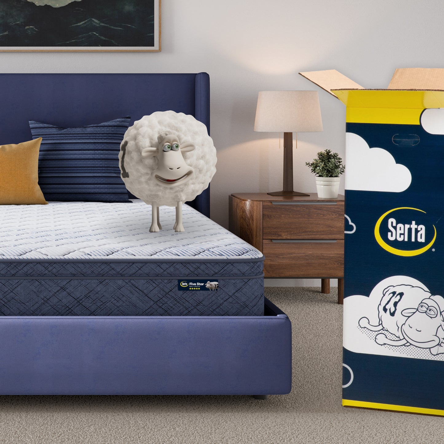 10 inch plush pillow top mattress in a blue bedframe with a Serta sheep with a number on top of it with the Serta packaging to the right of the bed