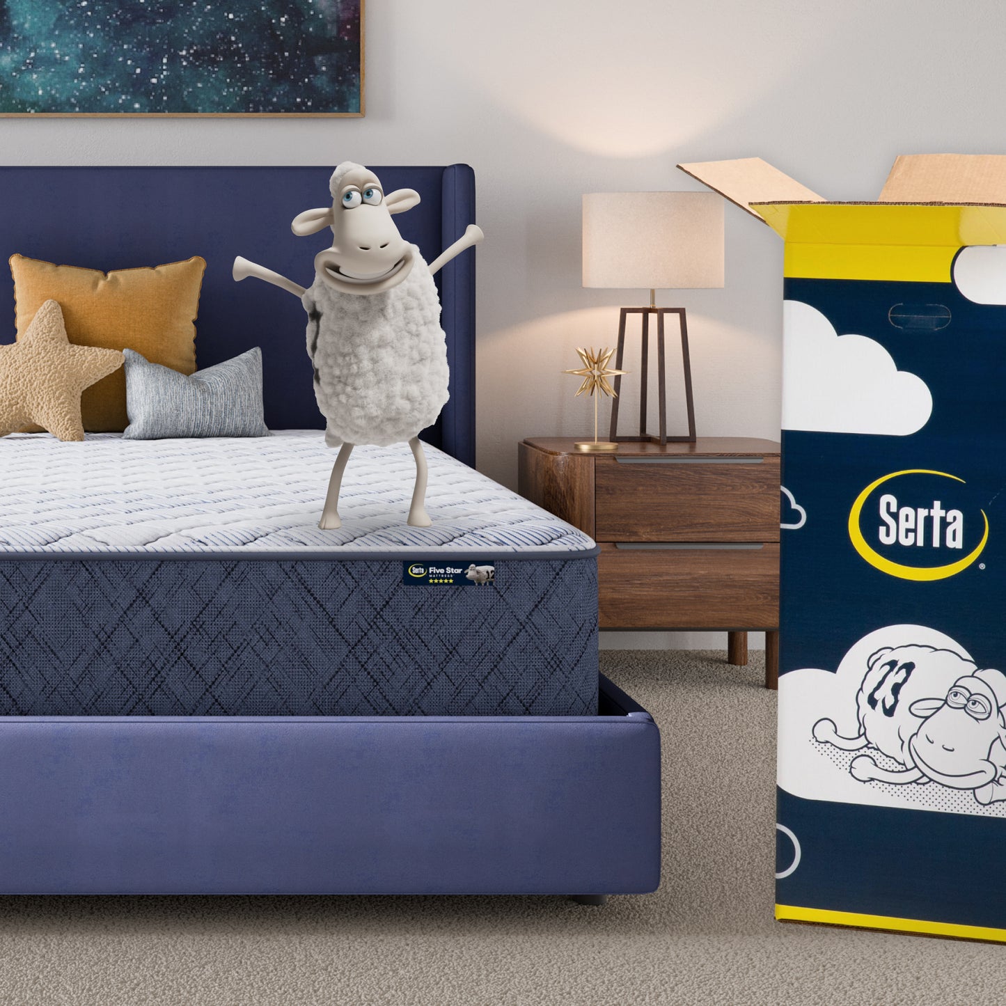 12 inch firm mattress in a blue bedframe with a Serta sheep with a number on top of it with the Serta packaging to the right of the bed