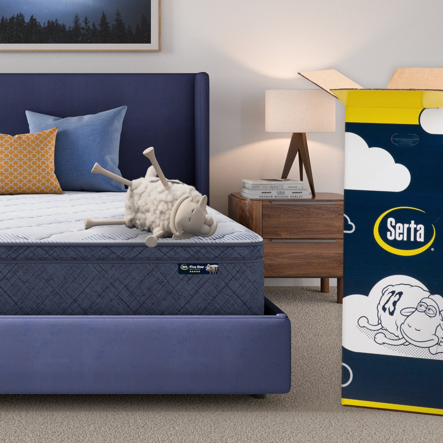 12 inch Plush Pillow Top mattress in a blue bedframe with a Serta sheep with a number on top of it with the Serta packaging to the right of the bed