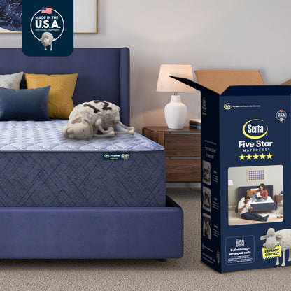 Serta Five Star 14 inch firm mattress with packaging and 'Made in the U.S.A.' label in a bedroom setting.