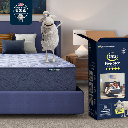 Serta Five Star 14 inch plush mattress with a cartoon sheep character in a bedroom setting