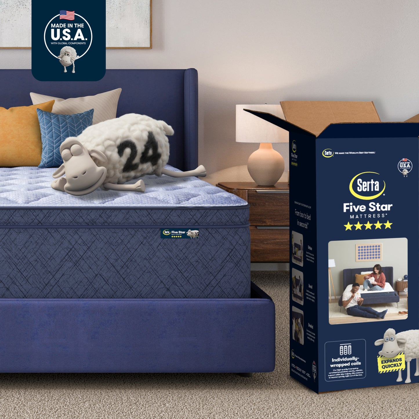 Serta Five Star 16 inch plush pillow top mattress with packaging in a bedroom setting