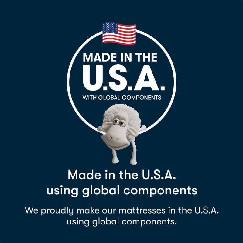 Logo with a sheep cartoon character and 'Made in the U.S.A. with Global Components' text on a blue background.  