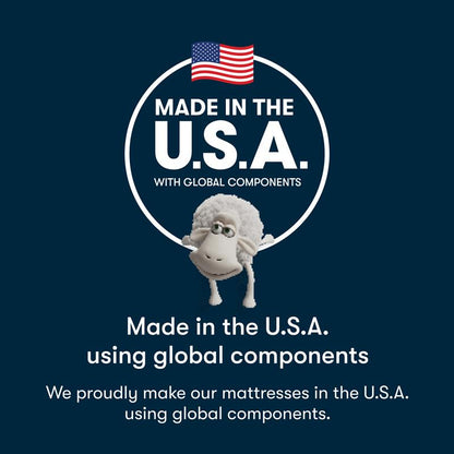 Logo with a sheep cartoon character and 'Made in the U.S.A. with Global Components' text on a blue background.  