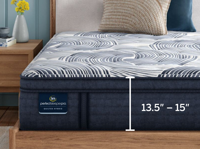 Serta perfect sleeper pro Level 2 mattress sitting in a brown bed frame with an illustration of the thickness size of the mattress 13.5" - 15" 