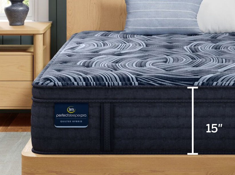 Serta perfect sleeper pro Level 3 mattress sitting in a brown bed frame with an illustration of the thickness size of the mattress 15" 