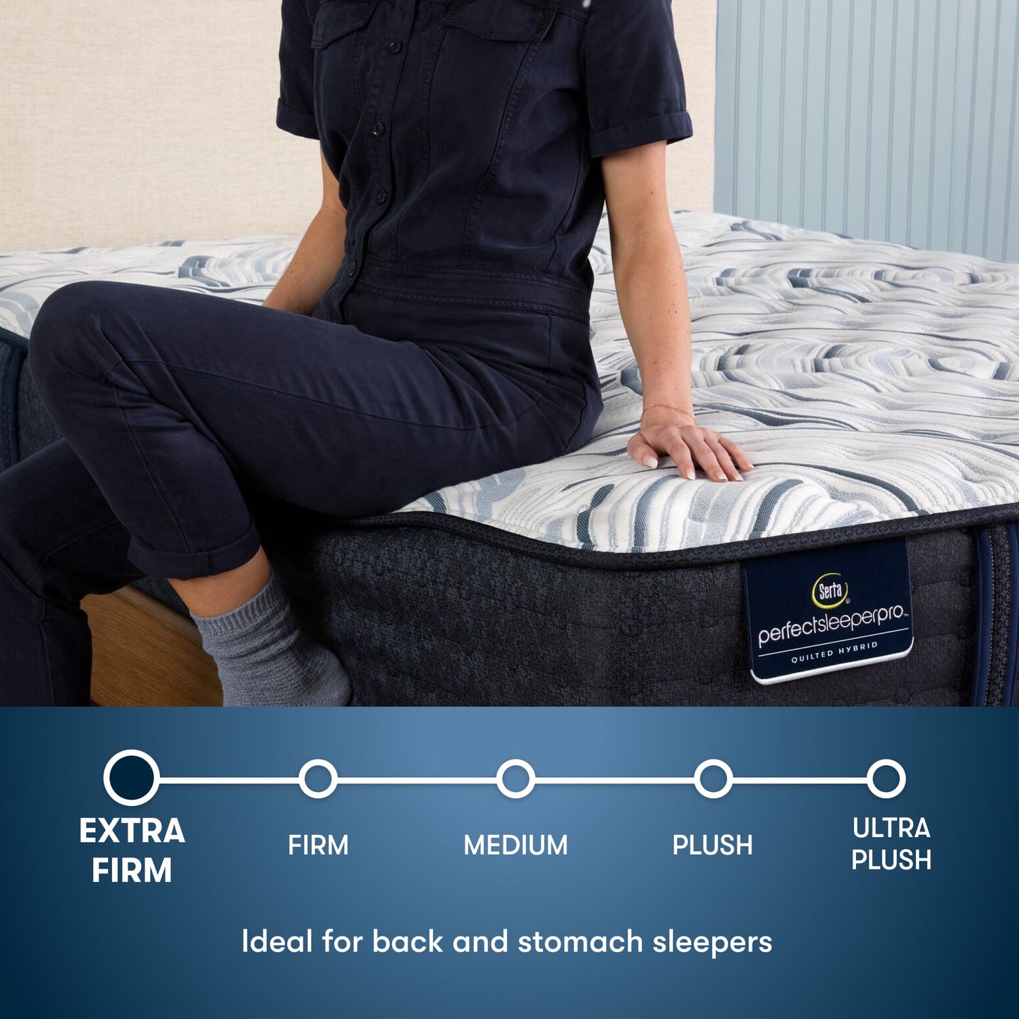Perfect Sleeper Pro Hampton Extra Firm Mattress comfort scale with a woman pictured sitting on left side of the bed || level: Level 1 || feel: Extra Firm