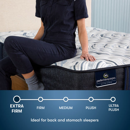 Perfect Sleeper Pro Hampton Extra Firm Mattress comfort scale with a woman pictured sitting on left side of the bed || level: Level 1 || feel: Extra Firm