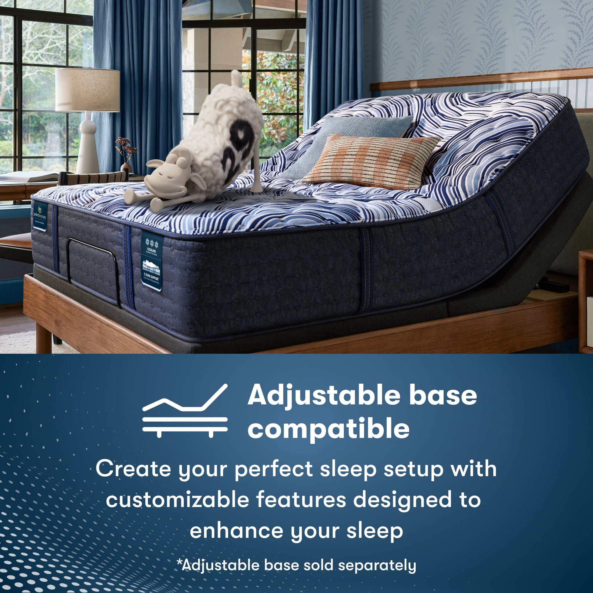 Serta Sheep sitting on a Perfect Sleeper Pro Dublin Medium Mattress that is sitting in an adjustable base || Level: Level 2 || Feel: Medium
