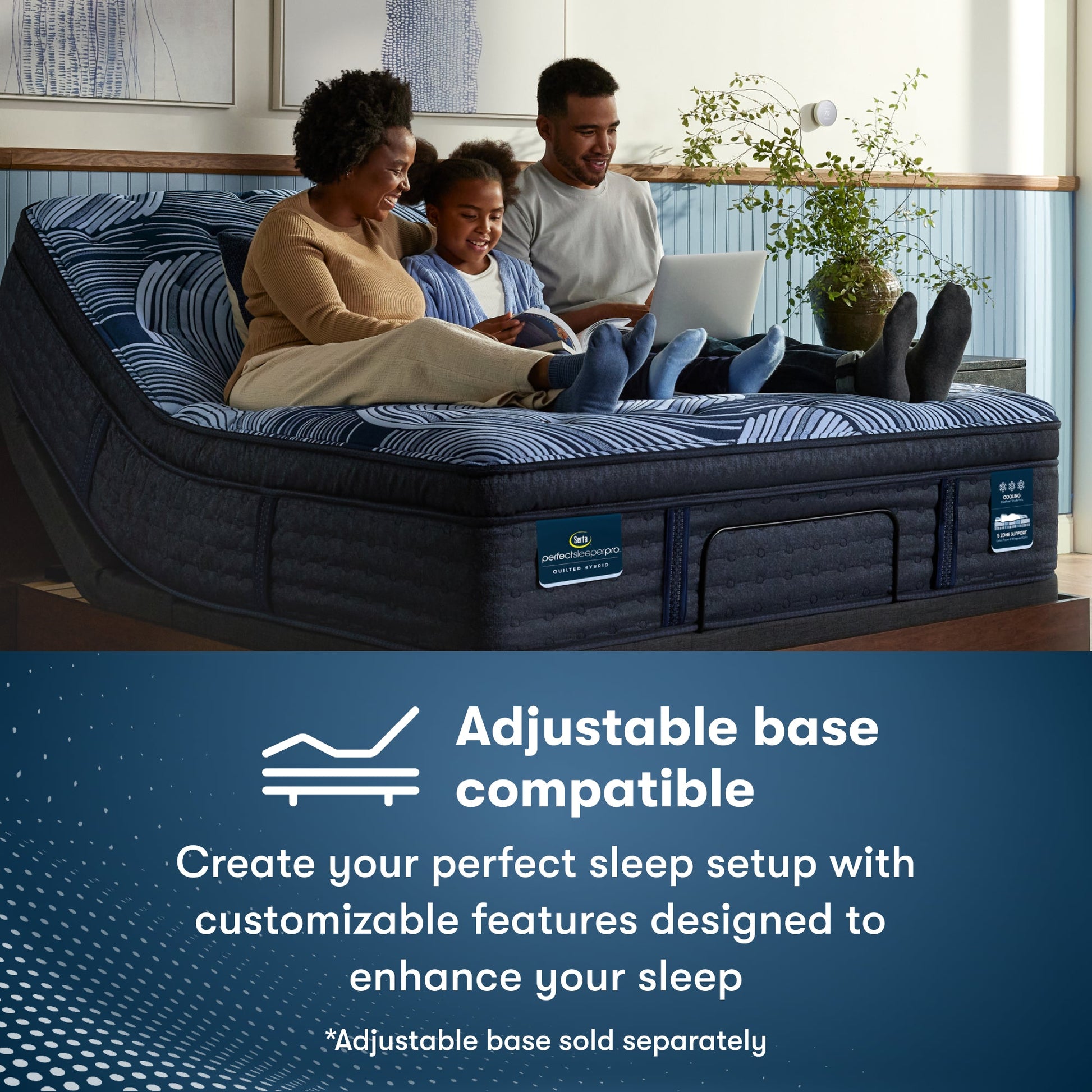 Family of 3, woman on the left, daughter in the middle and father on the right, sitting on a Perfect Sleeper Pro New Paris Medium Mattress that is sitting in an adjustable base || Level: Level 3 || Feel: Medium
