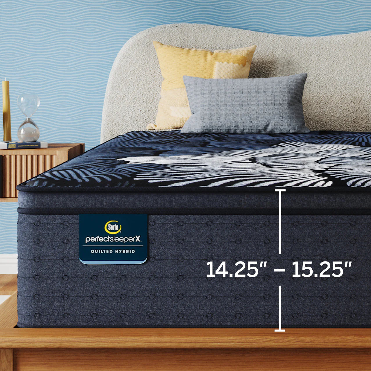 Close up of Perfect Sleeper X Level 2 quilted mattress with graphic overlay that displays the mattress height s between 14.25 inches to 15.25 inches based on your customizations