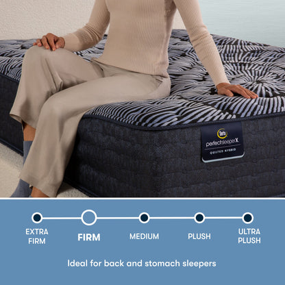 Perfect Sleeper X Quilted Hybrid Knox Firm comfort scale with a woman sitting on the left side of the mattress || feel: Firm || level: Level 1