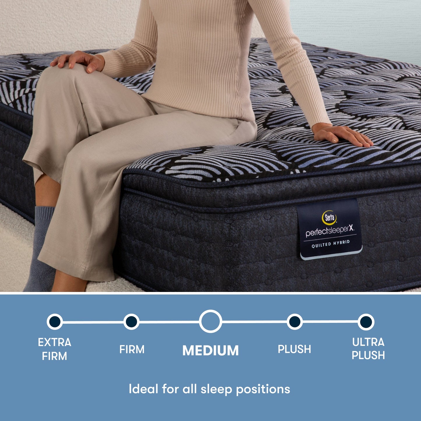 Perfect Sleeper X Quilted Hybrid Lexton Medium Pillow Top comfort scale with a woman sitting on the left side of the mattress || feel: Medium Pillow Top || level: Level 1
