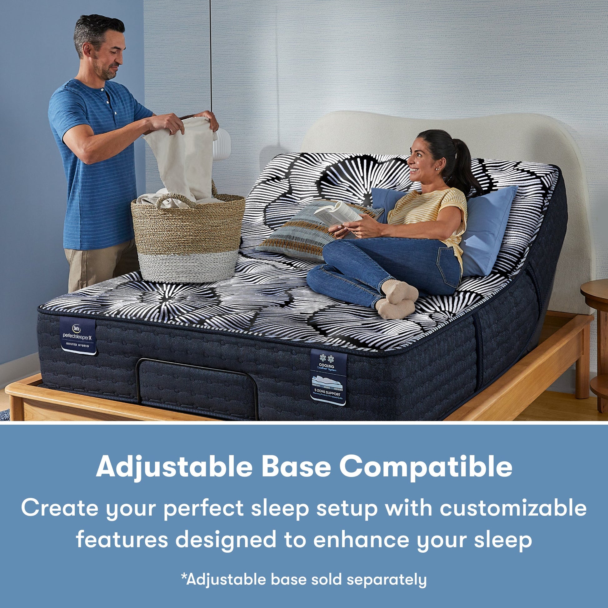 Man standing to the left of and a woman laying on a Perfect Sleeper X Quilted Hybrid Excelled Plush Mattress sitting in an adjustable base frame || feel: Plush || level: Level 2