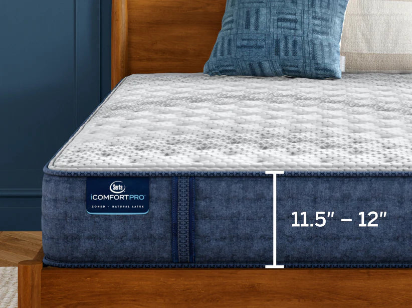 Close up image of the icomfortPro Standard model with labeling that the mattress is between 11.5in to 12in tall based on your customizations.
