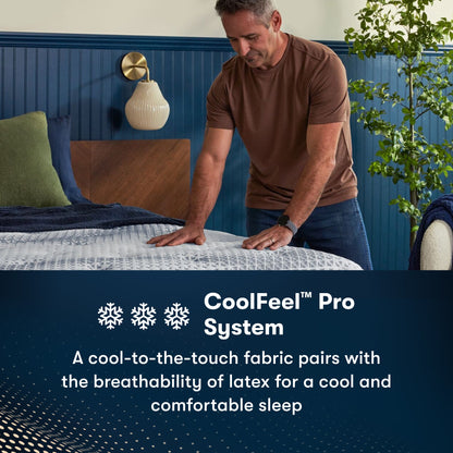 Man standing at the right of an iComfortPro Granby Extra Firm Mattress feeling the comfort || feel: extra Firm || level: Level 1