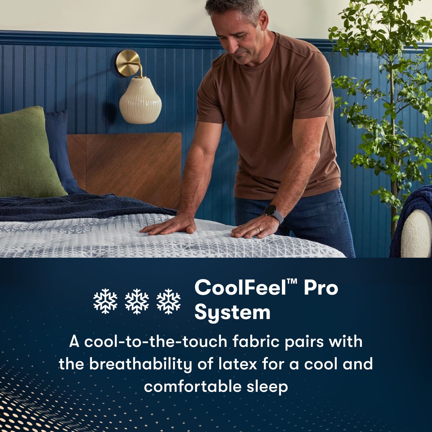 Man standing at the right of an iComfortPro Buckingham Pillow Top Mattress feeling the comfort || feel: plush pillow top || level: Level 3