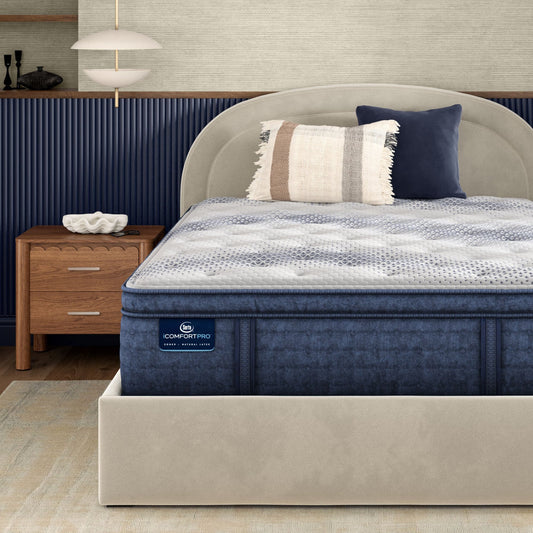 iComfortPro Buckingham Pillow Top Mattress sitting in a brown bedframe || feel: plush pillow top || level: Level 3