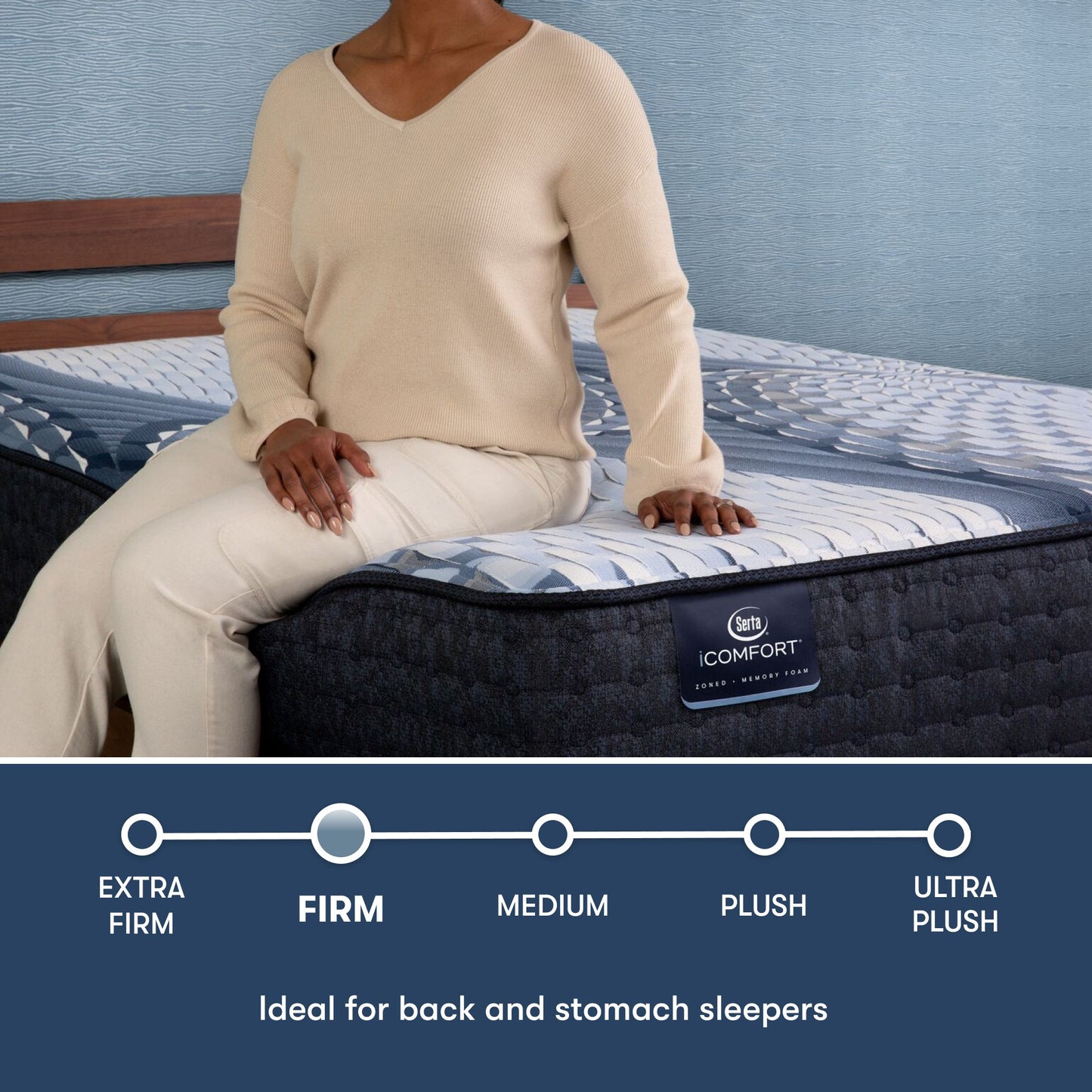 Woman sitting on the side of an iComfort Elana Firm Mattress || feel: firm || level: Standard - 11.5"
