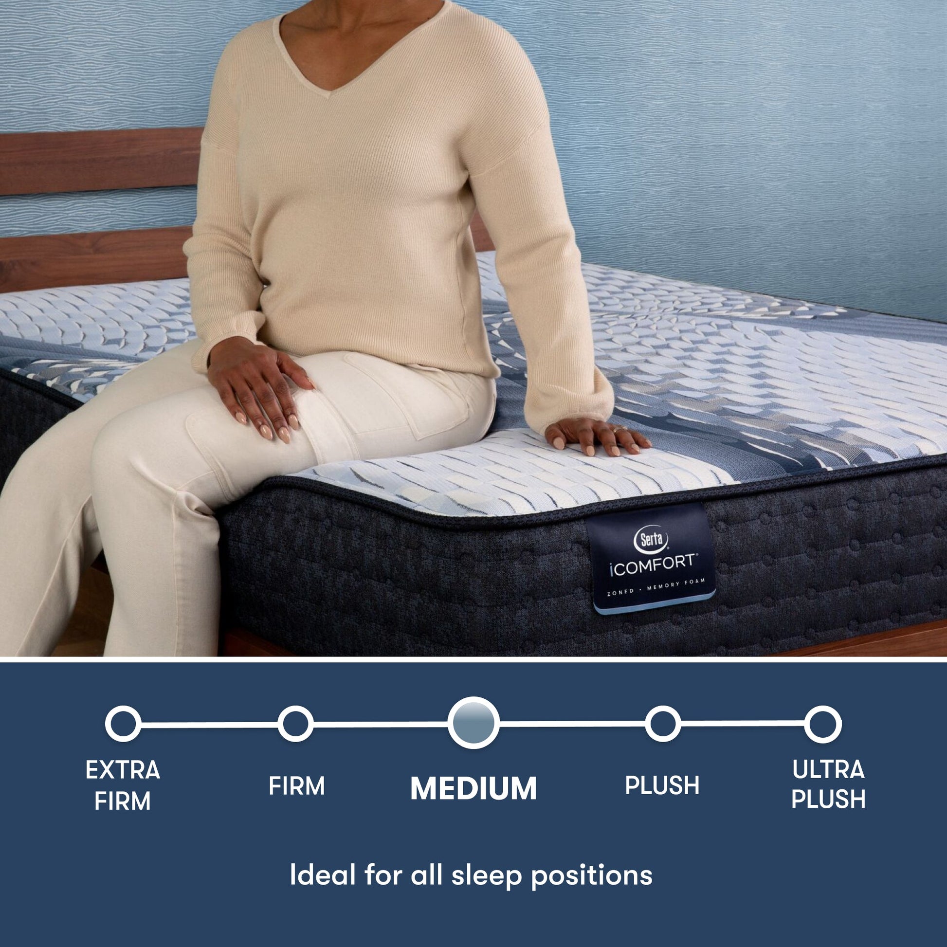 Woman sitting on the side of an iComfortiComfort Iona Medium Mattress || feel: medium || level: Standard - 13"