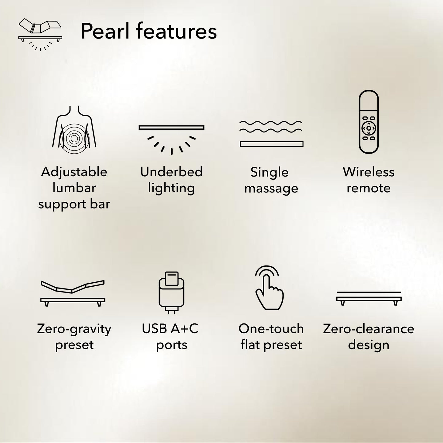 List of features for the Baselogic Pearl adjustable base with icons and text on a gradient background.