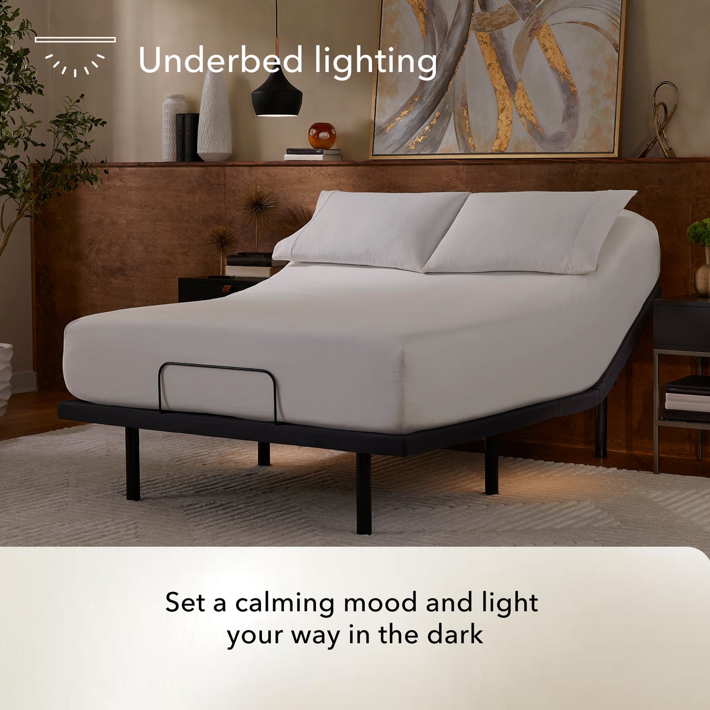 Bed on top of a Baselogic Pearl adjustable base showing the underbed lighting feature in a bedroom setting