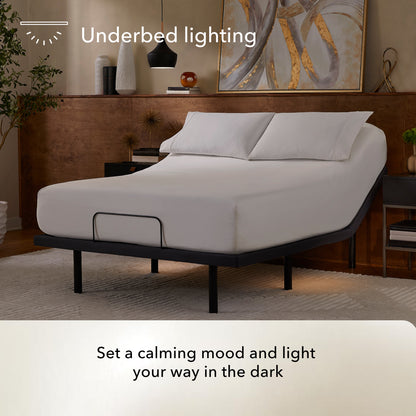Bed on top of a Baselogic Pearl adjustable base showing the underbed lighting feature in a bedroom setting