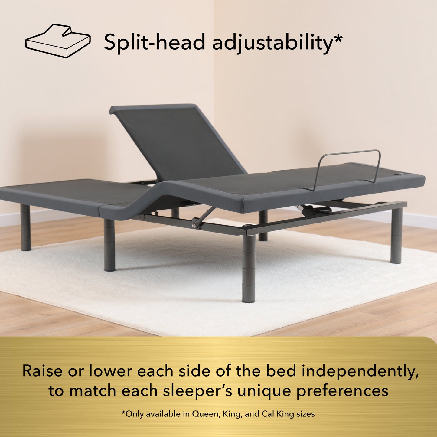 Gold Baselogic Split-head adjustable bed with text explaining split-head adjustability on a beige background.