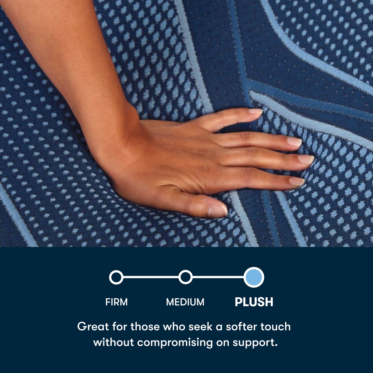 Hand on a plush blue iSeries® NXG Hybrid fabric with text indicating it's great for those seeking a softer touch.