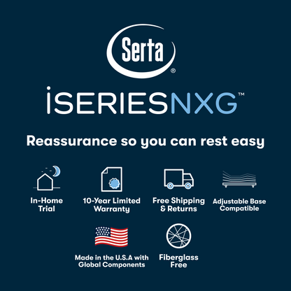 Serta iSeries NXG advertisement with features on a dark blue background