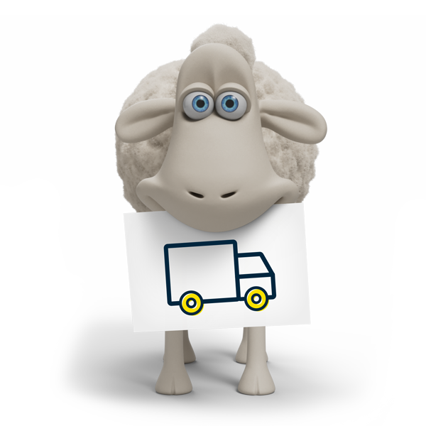 Serta sheep holding up a sign with a delivery truck on it to indicate Serta's free shipping and returns.