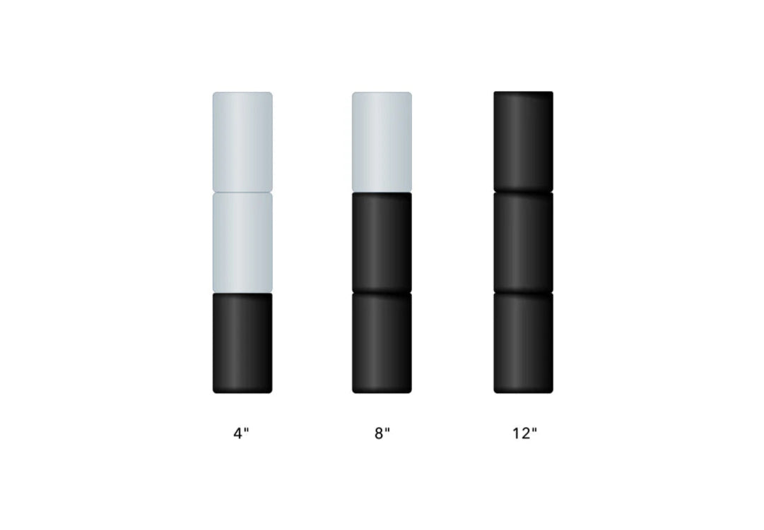 Graphic of adjustable, stackable base legs ranging in 4 inches to 12 inches.