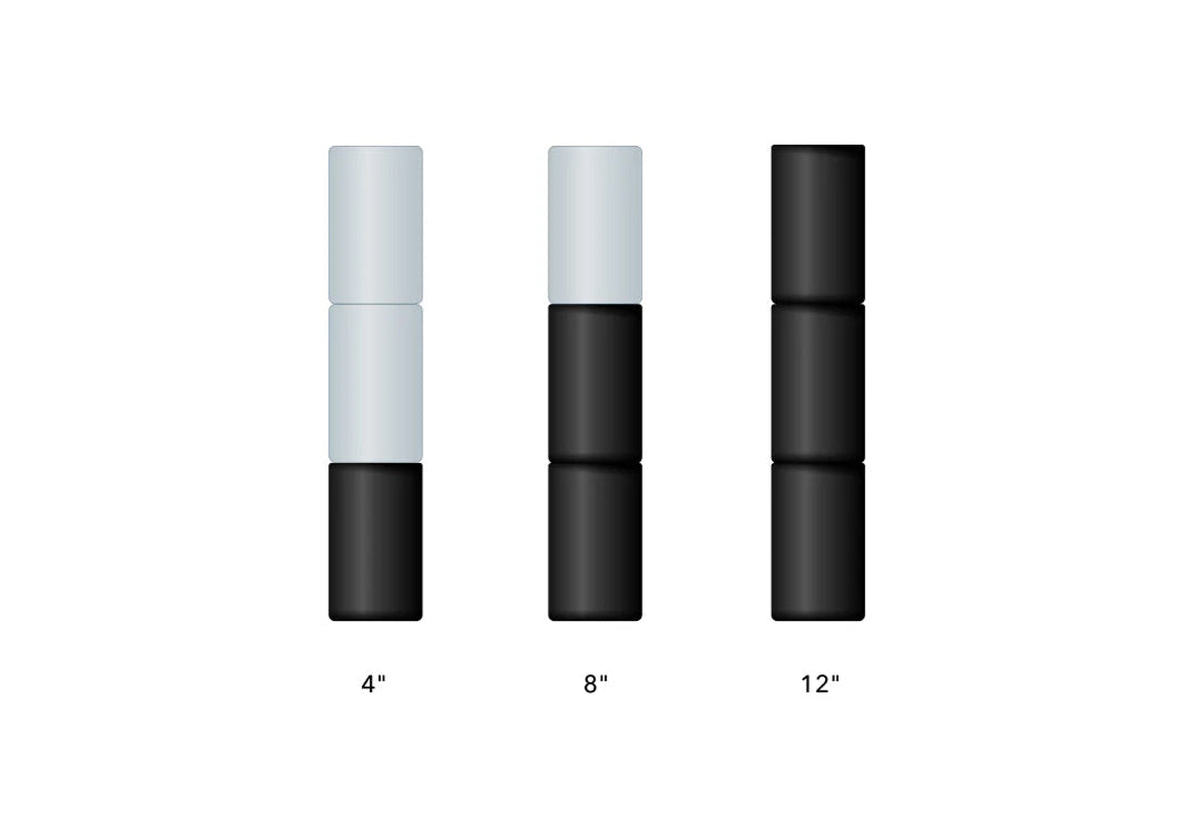 Graphic of adjustable, stackable base legs ranging in 4 inches to 12 inches.