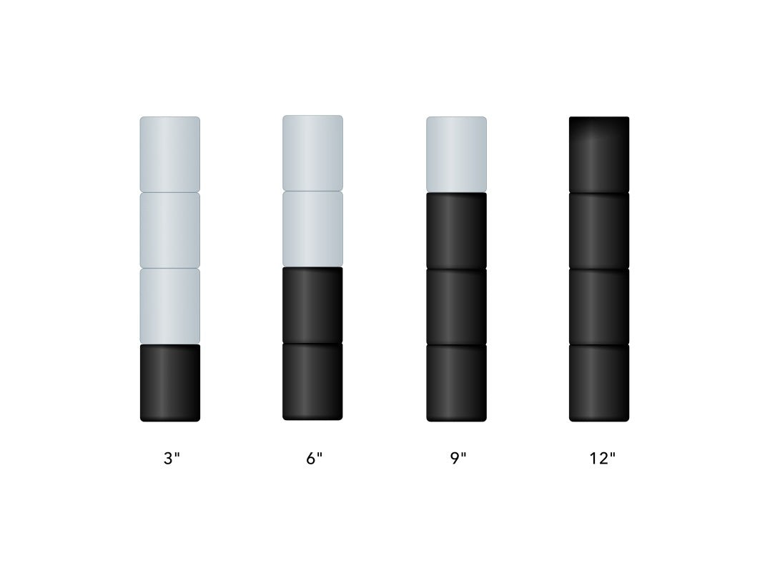 Graphic of adjustable base legs stackable in 3 inch increments