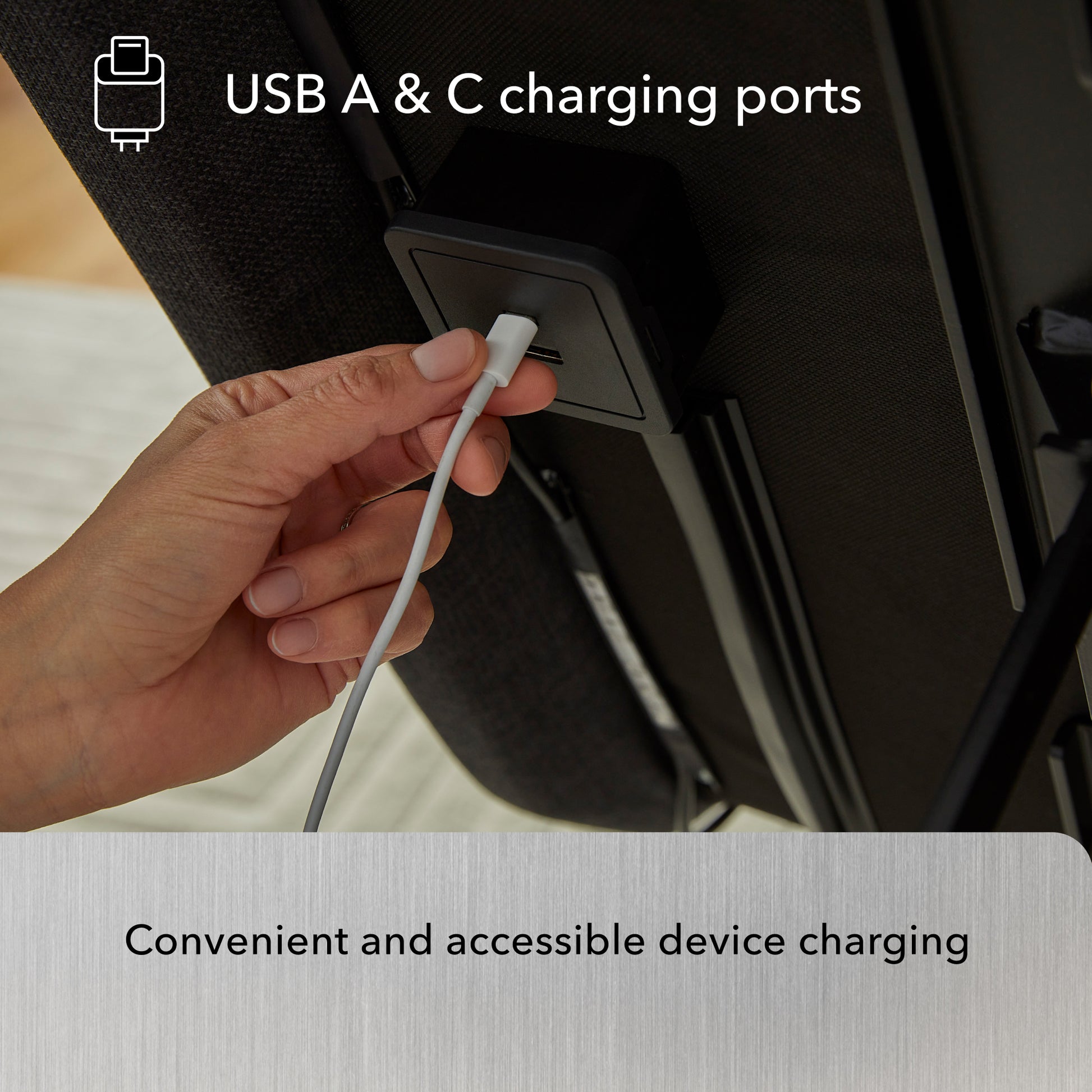 Product has USB A & C charging ports for convenient and accessible device charging