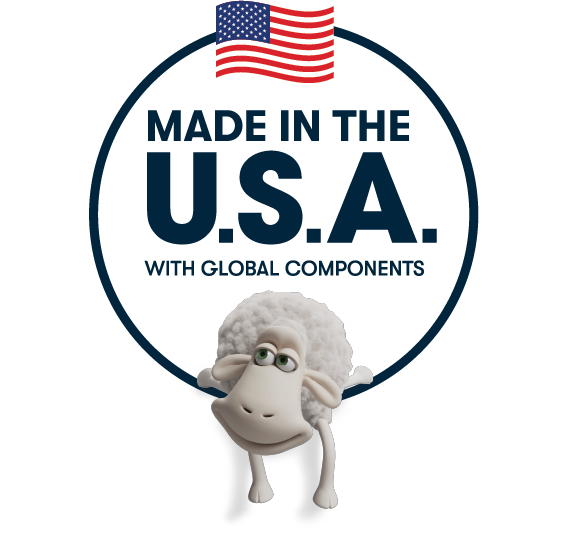 Cartoon sheep with 'Made in the U.S.A. with Global Components' text and American flag.