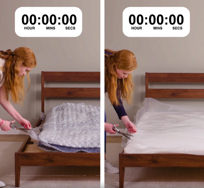 Unwrapping of the Serta 5 Star mattress on the right and the competitor mattress on the left showing how quickly a mattress inflates.